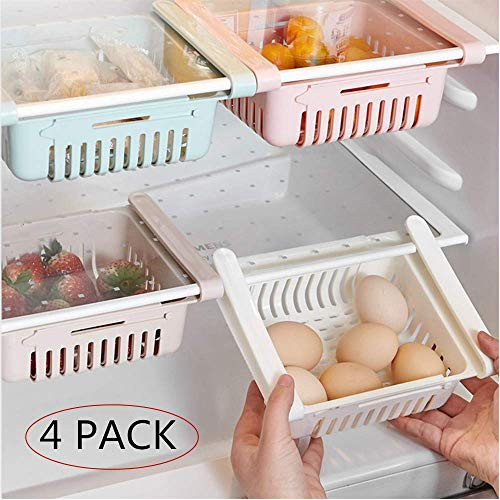 Fridge Drawer Organizer - 4 Pack Pull-Out Refrigerator Storage Box Refrigerator Organizer  Retractable Refrigerator Drawer Food Storage Rack - Home Kitchen Food Containers Fridge Shelf Holder -Blue-