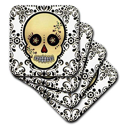 3dRose cst_175370_3 Sugar Skull Gold and Black-Ceramic Tile Coasters, Set of 4