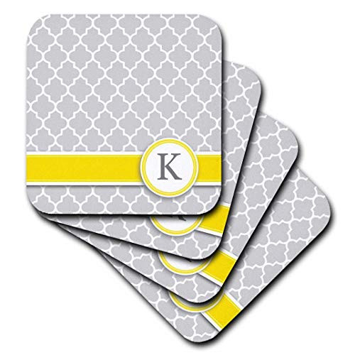 3dRose cst_154577_3 Your Personal Name Initial Letter K Monogrammed Grey Quatrefoil Pattern-Yellow Gray-Ceramic Tile Coasters, Set of 4