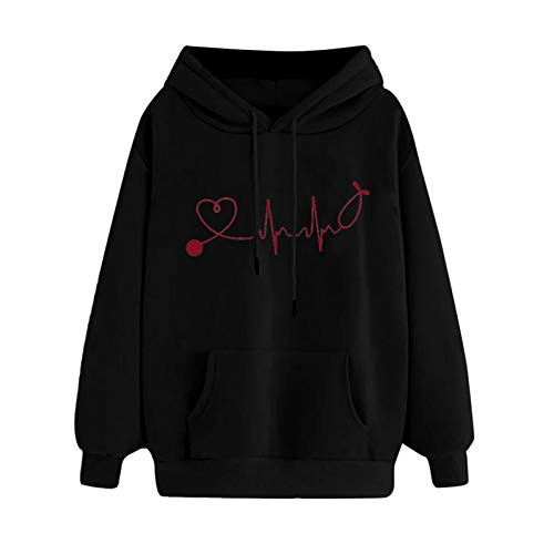 nikunLONG Womens Autumn Winter Print Pocket Patchwork Comfortable Long Sleeve Drawstring Hoodie Sweatshirt Pullover Tops-Black Large-
