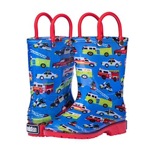 Wildkin Kids Rain Boots for Toddlers Boys  and  Girls  100 percent  Water Proof Rain Boots for Kids with Easy Slip-On Handles  Features No-Slip Tread  Ideal for All Seasons  BPA-Free  Size 5 -Heroes Rain- -50111-