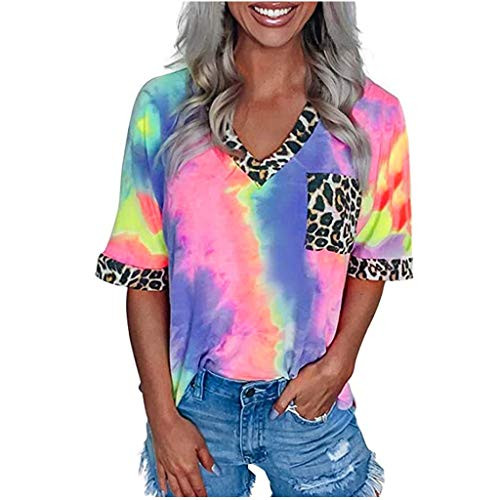 Women Casual Summer Leopard Patchwork Tie-DyeT Shirt V Neck Short Sleeve Tops