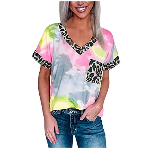 Women Casual Summer Leopard Patchwork Tie-DyeT Shirt V Neck Short Sleeve Tops Pink