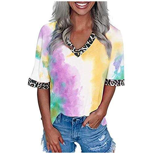 Summer Casual Tie-Dye Leopard Patchwork Tops for Women V Neck Short Sleeve T Shirt White