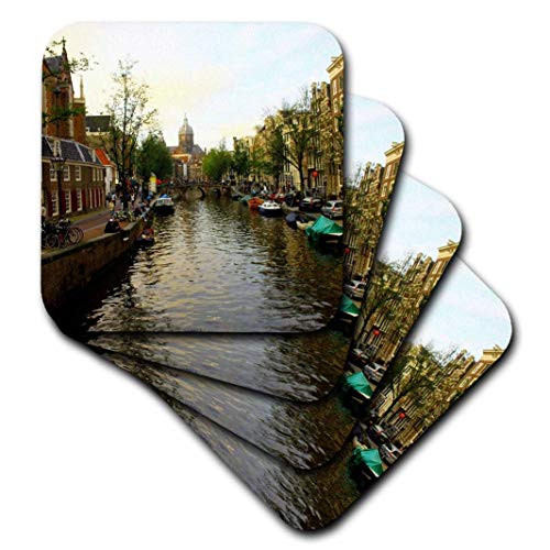 3dRose CST_38331_3 The Sun Setting Over The Unique Buildings of Amsterdam-Ceramic Tile Coasters, Set of 4