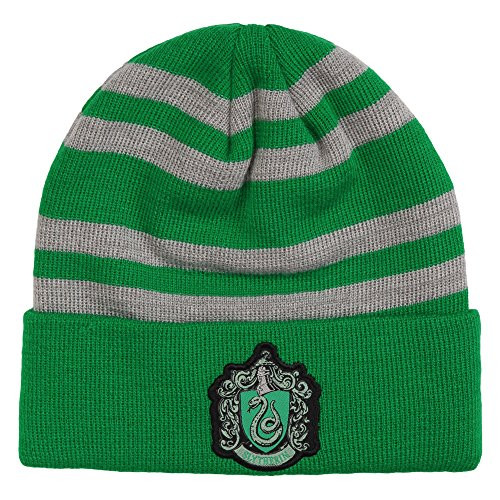 Harry Potter Embroidered House Crest Patch and House Color Striped Knit Beanie Hat Adult - Slytherin
