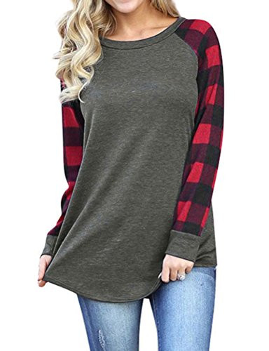 Ezcosplay Color Block Casual Blouse Plaid Shirt Raglan T-Shirt Patchwork Tunic Tops for Women