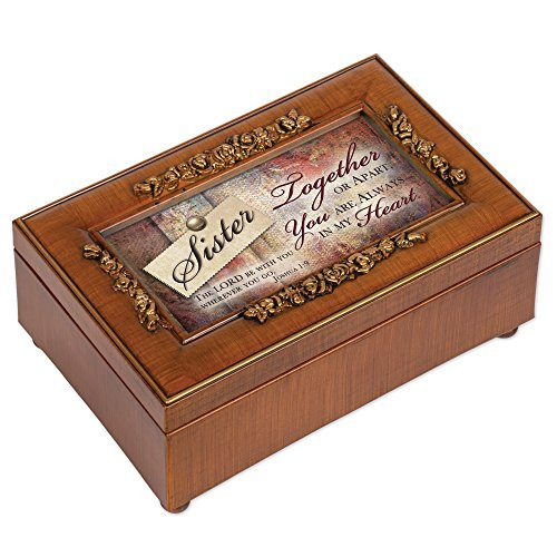 Cottage Garden Sister Rich Walnut Finish Petite Jewelry Music Box - Plays Amazing Grace
