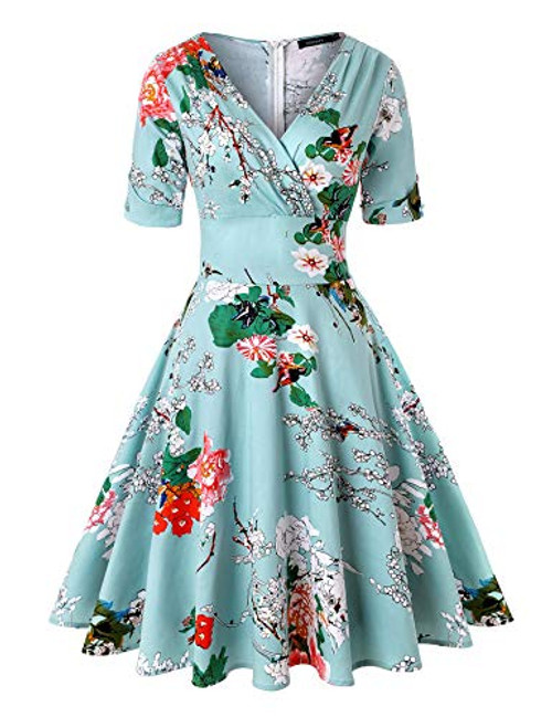 Vintage Tea Dress Women Floral Cocktail Semi-Formal Fit and Flare Party Wedding Guest V Neck Half Sleeve 50s Retro Dress