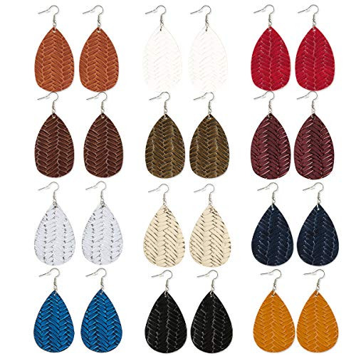 12 Pairs Faux Leather Earrings Imitated Rattan Earrings Teardrop Petal Drop Long Dangle Earrings Lightweight Leaf Handmade Earrings with Clear Silicone Backings for Women Girls Teens