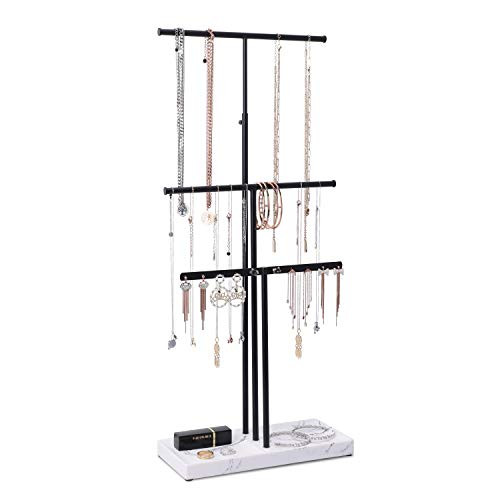LKKL Jewelry Organizer 3 Tier Hanging Necklace Holder Jewelry Tree Stand With Height - Adjustable Jewelry Display Tray Base For Earrings Necklaces Bracelets and Rings- Black LKKL Jewelry Organizer 3 Tier Hanging Necklace Holder Jewelry Tree Stand With Height - Adjustable Jewelry Display Tray Base For Earrings Necklaces Bracelets and Rings- Black