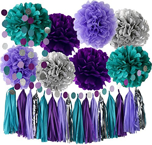 Purple Teal Mermaid Decorations Mermaid Party Supplies Teal Purple Silver Tissue Pom Pom Circle Garland Tassel Garland Mermaid Birthday Decorations Under The Sea Party Decor
