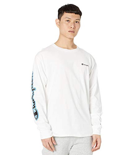 Champion Men s Classic Graphic Long Sleeve Tee  White - Arm and Chest Script  Large