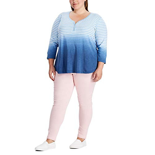 Chaps Women s 3 4 Sleeve Crewneck Henley Shirt  Blue Multi  0X-Plus Size