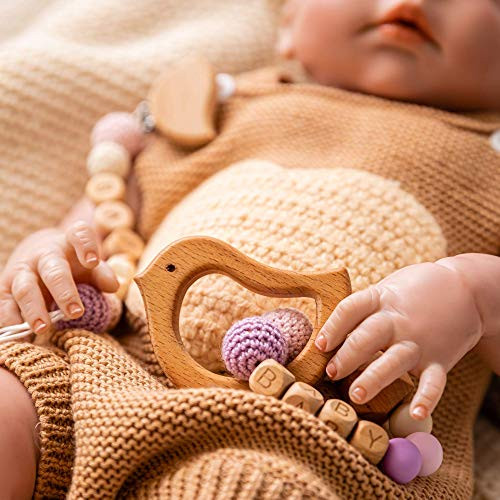 Set of 2 Natural Wooden Bird Baby Teether Bracelet Coated with Safe Olive Oil  and  Beech Wood Flower Beads Pacifier Clip Holder Soft Crochet Beads Sensory Rattle Toys Teething Pain Relief