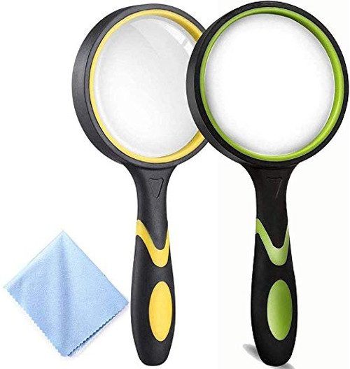 Deelife 2 Pack Magnifying Glass  10X Handheld Reading Magnifier for Kids and Seniors  75MM Real Glass Magnifying Lens with Non-Slip Soft Handle for Book Newspaper Reading  Insect and Hobby Observation