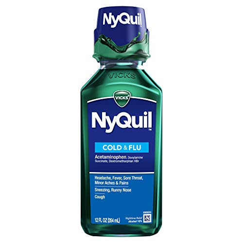 Vicks NyQuil  Nighttime Cold  and  Flu Symptom Relief  Relives Aches  Fever  Sore Throat  Sneezing  Runny Nose  Cough  12 Fl Oz  Original Flavor