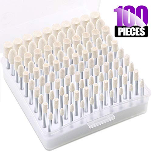 Swpeet 100Pcs White Wool Felt Polishing Buffing Grinding Heads Wheel Bits with 1/8 Inch Shank Mandrel Mounted Grinding Polishing Accessories Attachment Set Perfect for Dremel Rotary Tools