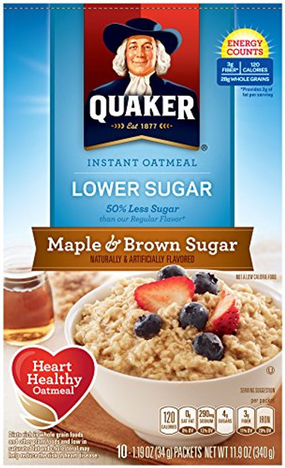 Quaker Instant Oatmeal Lower Sugar Maple & Brown Sugar, 10-Count 1.19oz  Boxes (Pack of 6)