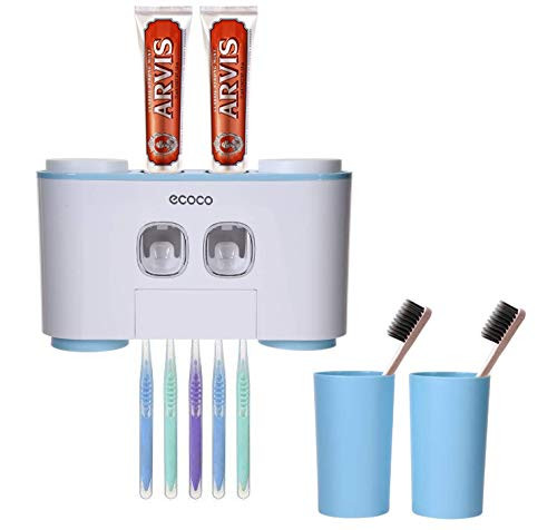 Toothbrush Holder Multifunctional Wall-Mounted Space-Saving Toothbrush and Toothpaste Squeezer Kit with Dustproof Cover  5 Toothbrush Slots  2 Automatic Toothpaste Dispenser and 4 Cups -Blue-