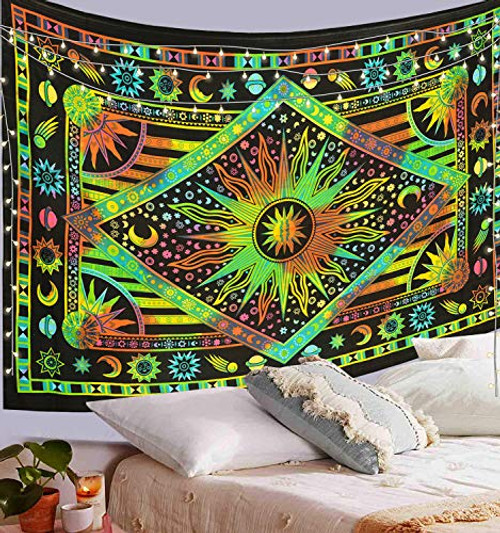 ANJANIYA Burning Sun Tie Dye Tapestry Celestial Sun Moon Star Planet Bohemian Twin Tapestry Tarot Card Wall Hanging Boho Tapestry Hippie Hippy Tapestry Beach Coverlet Curtain -Green Multi 55 inchX85 inch- ANJANIYA Burning Sun Tie Dye Tapestry Celestial Sun Moon Star Planet Bohemian Twin Tapestry Tarot Card Wall Hanging Boho Tapestry Hippie Hippy Tapestry Beach Coverlet Curtain -Green Multi 55 inchX85 inch-