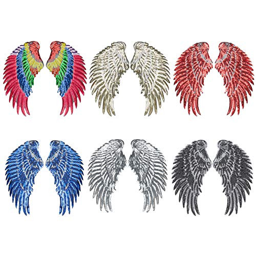 Calculs 6 Pair Sequin Angel Wings Iron On Patches DIY Sequin Applique Wings for Bags of 6 Colours 13 inch L