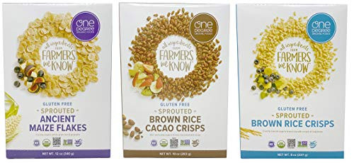 One Degree Veganic Cereal 3 Pack Variety Bundle - Cacao Crisps  Brown Rice Crisps  and Ancient Maize Flakes