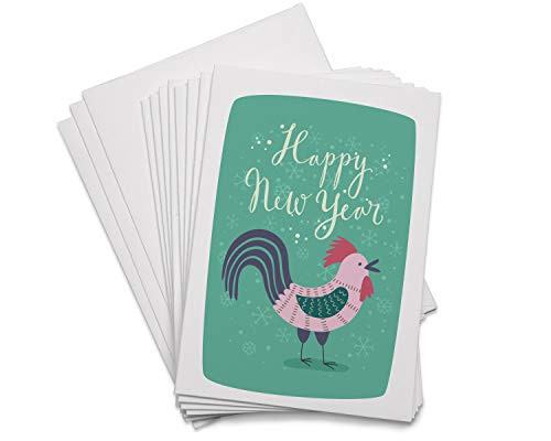 Happy New Year Rooster Holiday Note Cards Variety - 24 Cards with Envelopes - For Winter  Christmas  New Year