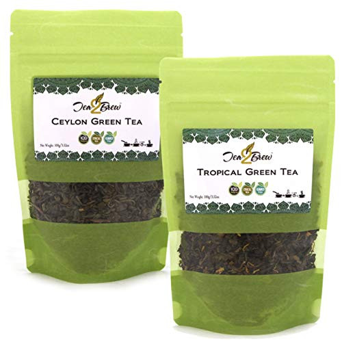 Tea2Brew - Tropical Citrus Green  and  Ceylon Green Tea - Whole Leaf loose tea - 100g -3.5oz- each - Pack of 2