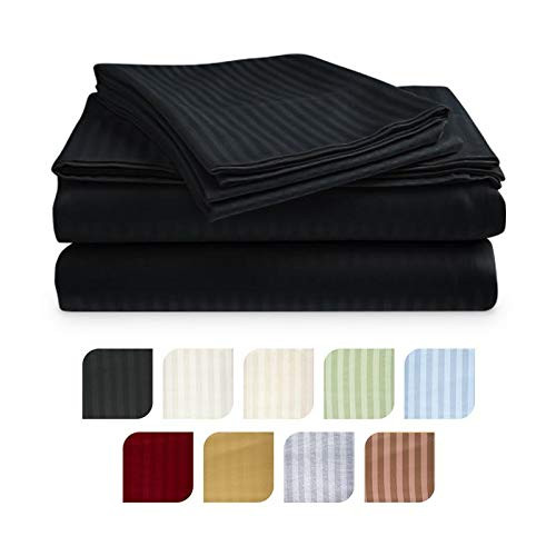 Crystal Trading 4-Piece Bed Sheet Set - Dobby Stripe - 100 percent  Cotton Sateen - 300 Thread Count -Full  Black-