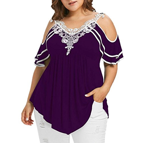 Tops for Women Plus Size  Women Cold Shoulder 2018 New T Shirts Casual Lace Patchwork Ruffled Blouse -3XL  Purple-