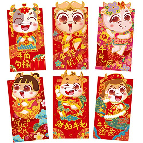 YU.Dafe Chinese Red Envelopes  Lucky Money Envelopes Pouches 2021 Chinese New Year Ox Year Envelope Red Packets Hongbao for 2021 Spring Festival Wedding -A-6 Pcs-