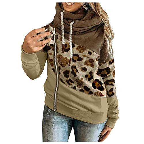 SALIFUN Women Pullover Hoodies Funnel Neck Long Sleeve Sweatshirts Hooded Leopard Print Patchwork Shirts Tops