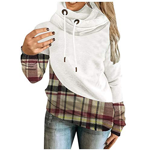 SALIFUN Pullover Hoodies for Women Funnel Neck Long Sleeve Sweatshirts Hooded Plaid Patchwork Shirts Tops