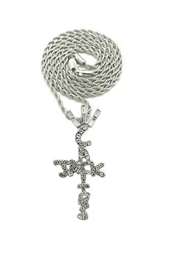 Hip Hop Iced White Gold Plated Crystal Cactus Jack Cross Pendant  and  3mm 24 inch Rope Chain Necklace