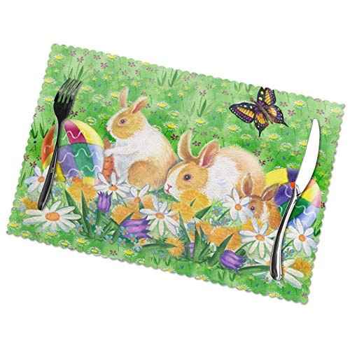 AieeFun Easter Holiday Easter Rabbit Bunny Eggs Spring Flower Placemats Set of 6 Washable Non-Slip Stain-Resistant Table Place Mats 12 X 18 Inch for Kitchen Dining Table Decoration