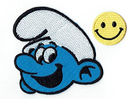 inchTHE SMURFS CARTOON inch Applique embroidered iron on PATCHES -Wappen  ????   ??- with Yellow Tiny Smiley Patches by PATCH CUBE
