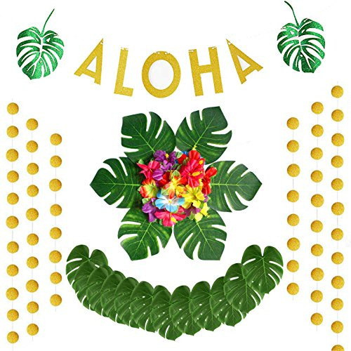 Luau Party Supplies - Hawaiian Decorations with Gold Glittery ALOHA Banner, Artificial Green Leaves, Hibiscus Flowers, Gold Circle Garland for Hawaiian Tropical Luau Beach Summer Party Decor Luau Party Supplies - Hawaiian Decorations with Gold Glittery ALOHA Banner, Artificial Green Leaves, Hibiscus Flowers, Gold Circle Garland for Hawaiian Tropical Luau Beach Summer Party Decor
