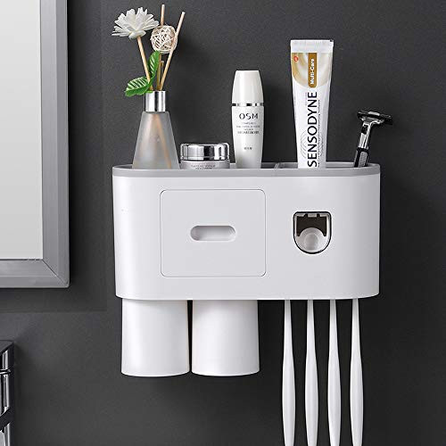 FSIGOM Multifunctional Wall-Mounted Toothbrush Holder  Automatic Toothpaste Dispenser Space Saving Toothbrush Organizer with Cups and Drawers Cosmetic Organizer -Grey  2 Cup-