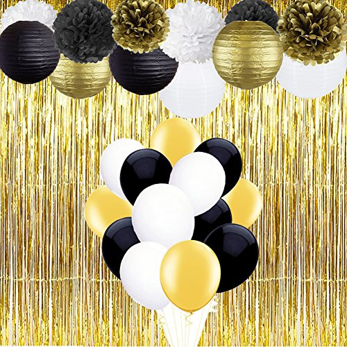Sogorge Black and Gold Party Decorations with Balloons Paper Pom Poms Lanterns and Fringe Curtain for 18th, 21st, 30th, 40th, 50th, 60th, 75th, 80th Birthday