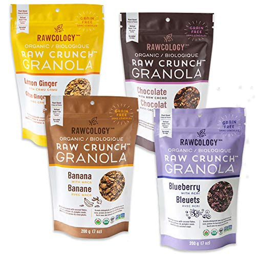 Rawcology Organic  Grain Free Raw Crunch Granola Variety Pack - Chocolate  Banana  Lemon Ginger  Blueberry  4 x 200 Gram Pack