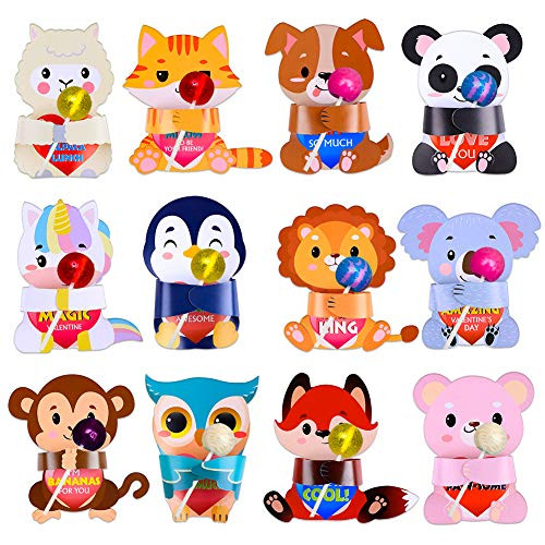 Hohomark Valentines Day Cards for Kids 36PCS Valentine Gifts Candy Holder Cards with Animals Designs Valentines Greeting Cards for School Classroom Exchange Party Favors