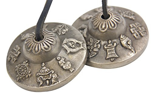 DharmaObjects Tibetan Premium Quality inch8 Lucky Symbols inch Tingsha Cymbals 2.25 inch With Pouch