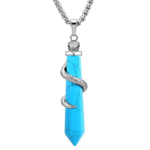 BEADNOVA Healing Crystal Necklace for Women Men Synthetic Turquiose Snake Tail Wrap Pendant Energy Healing Gemstones Jewelry Pendulum Crystal Divination -Hexagonal  18 Inches Stainless Steel Chain-