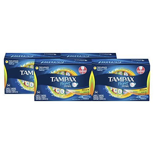 Tampax Pocket Pearl Plastic Tampons Regular/Super/Super Plus Multipack, Unscented, 34 Count, 4 Boxes, (Total 136 Count)