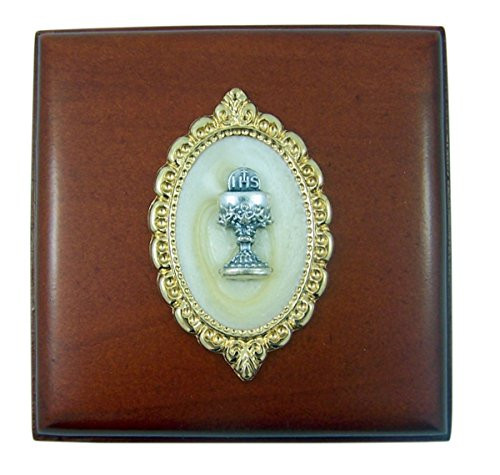First Communion Wood Rosary Box with Silver Tone Chalice Design, 2 3/4 Inch First Communion Wood Rosary Box with Silver Tone Chalice Design, 2 3/4 Inch