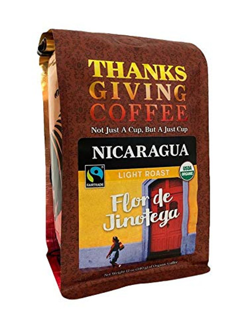 Thanksgiving Coffee  inchNicaragua Flor de Jinotega Light Roast inch Light Roasted Fair Trade Organic Shade Grown Whole Bean Coffee - 12 Ounce Bag
