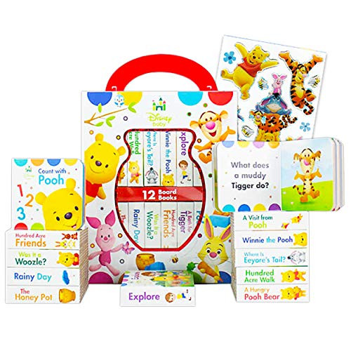 Disney Baby Winnie The Pooh Board Books Set Toddlers Babies Bundle ~ Pack of 12 Chunky My First Library Board Book Block with Stickers -Winnie The Pooh Books for Infants-