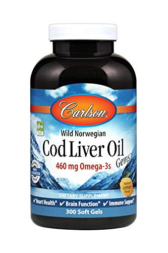 Carlson Cod Liver Oil, Lightly Lemon, 460 mg Omega-3s, Heart & Immune Health, 300 Soft Gels