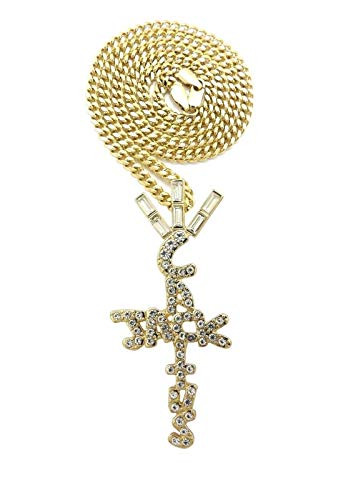 BLINGFACTORY Hip Hop Iced Crystal Cactus Jack Cross Pendant  and  3mm 24 inch Miami Cuban Chain Necklace